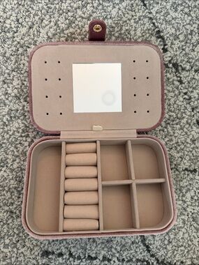 Velvet Pink Travel Jewelry Case with Ring Rolls and Compartments